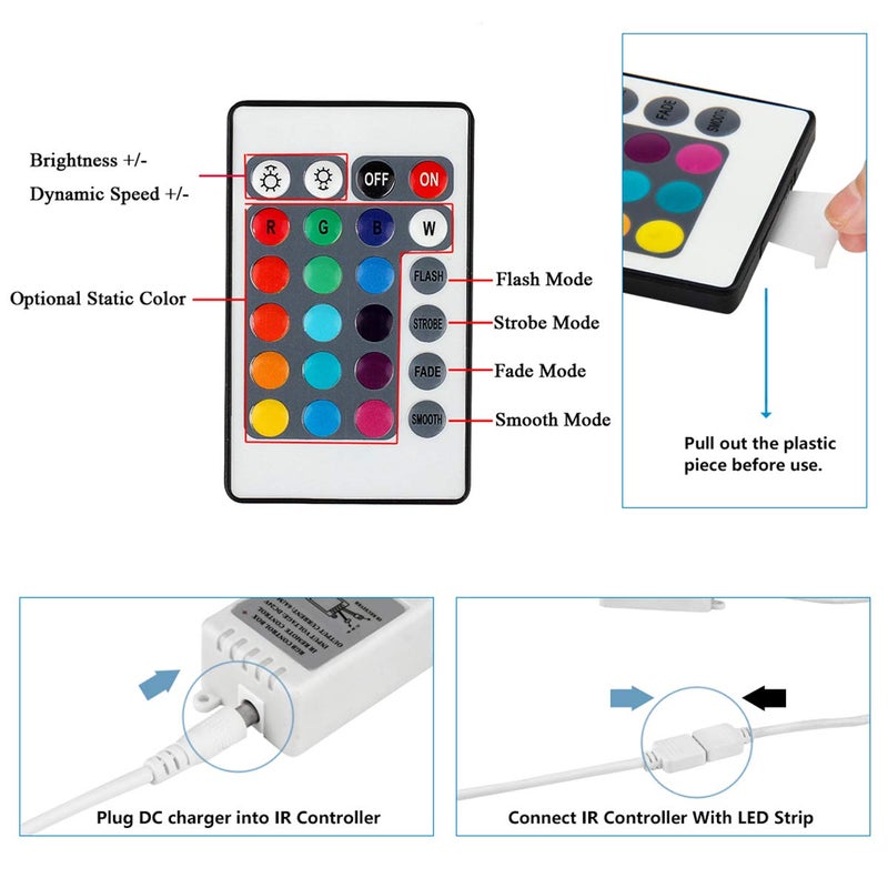 SUPERNIGHT RGB LED Strip Light Remote Controller, 24 Key IR Remote Dimmer for 12V 5050 3528 RGB LED Rope Lights (1 Port - Image 2
